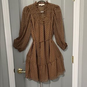 LOFT Brown Geometric Long Sleeve Dress